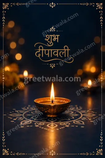 Elegant minimal Diwali card glowing with golden diyas, warm light, serene festive charm displaying शुभ दीपावली.