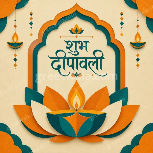 Modern flat vector Diwali card glowing with festive diyas, vibrant colors, joyful mood, featuring Hindi greeting शुभ दीपावली elegantly.