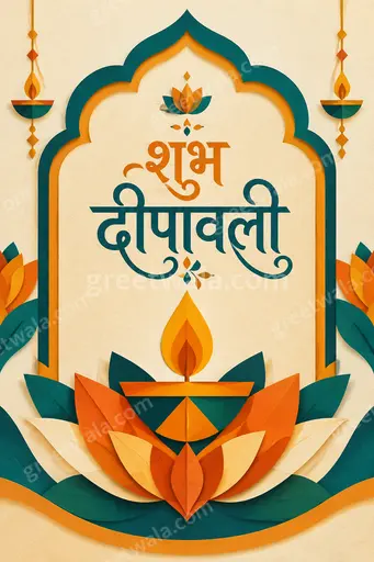 Modern flat vector Diwali card glowing with festive diyas, vibrant colors, joyful warmth, featuring elegant Hindi greeting शुभ दीपावली.