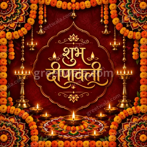 Ornate traditional Diwali card glowing with diyas, gold flourishes, and शुभ दीपावली in elegant Hindi calligraphy.