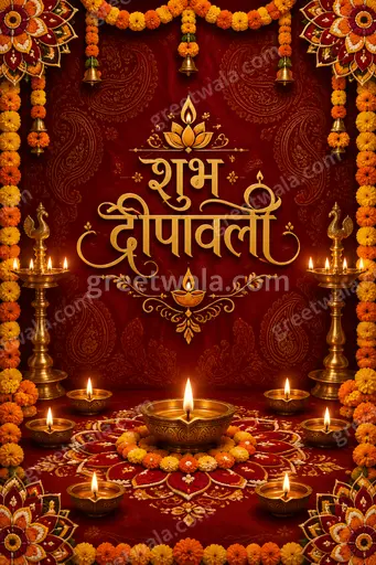 Ornate traditional Diwali greeting card displaying शुभ दीपावली with glowing diyas, gold flourishes, and festive warm elegance.