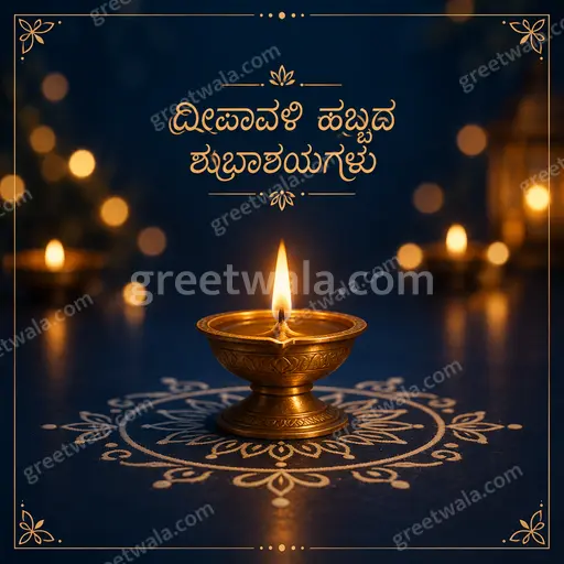 Elegant minimal Diwali card glowing with diyas and gold accents, featuring Kannada greeting ದೀಪಾವಳಿ ಹಬ್ಬದ ಶುಭಾಶಯಗಳು in serene festive warmth.