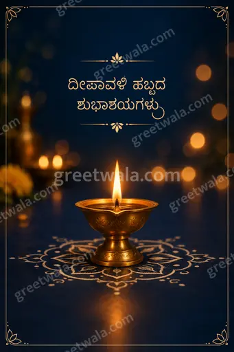 Elegant minimal Diwali card glowing with golden diyas, soft maroon background, Kannada greeting ದೀಪಾವಳಿ ಹಬ್ಬದ ಶುಭಾಶಯಗಳು in graceful style.