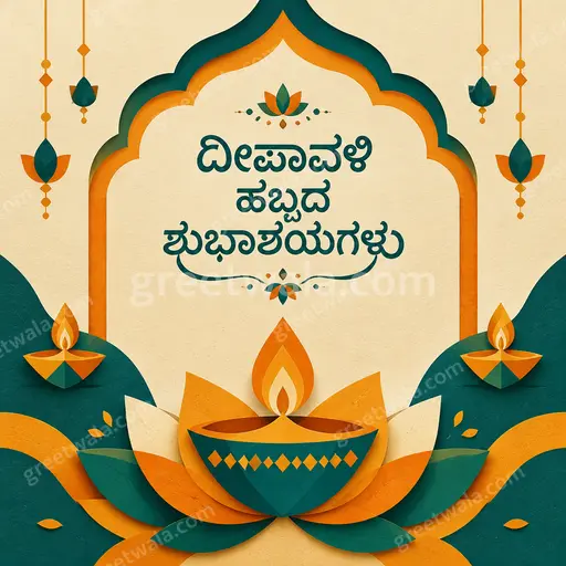 Flat vector modern Diwali card glowing with diyas and fireworks, warm festive mood with Kannada text 'ದೀಪಾವಳಿ ಹಬ್ಬದ ಶುಭಾಶಯಗಳು'.