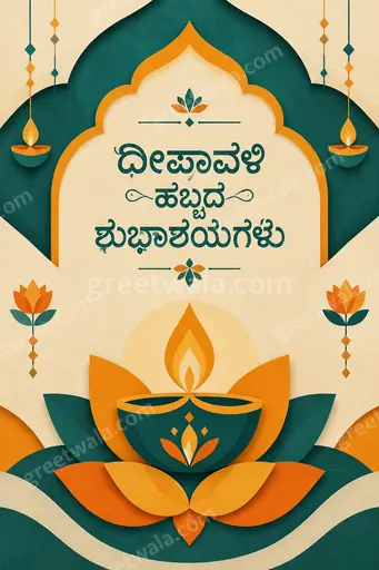 Modern flat vector Diwali card glowing with diyas and rangoli, warmly displaying ದೀಪಾವಳಿ ಹಬ್ಬದ ಶುಭಾಶಯಗಳು in elegant Kannada lettering.