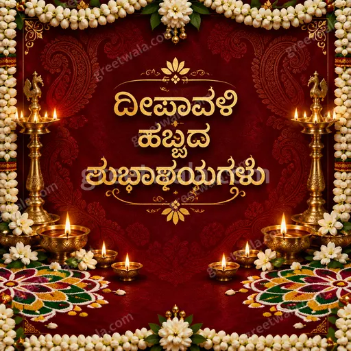 Ornate traditional Diwali card glowing with diyas and gold patterns, warmly displaying “ದೀಪಾವಳಿ ಹಬ್ಬದ ಶುಭಾಶಯಗಳು” in elegant Kannada.