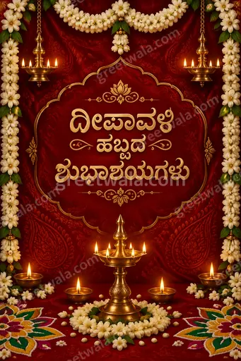 Ornate traditional Diwali card glowing with diyas, gold flourishes and festive warmth sharing ದೀಪಾವಳಿ ಹಬ್ಬದ ಶುಭಾಶಯಗಳು blessings.