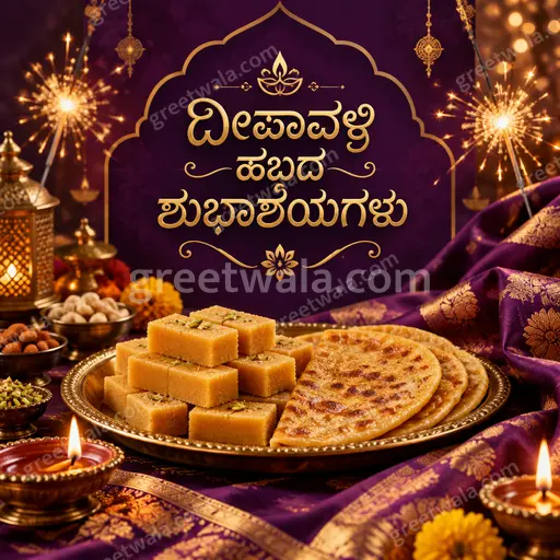 Premium Diwali card glowing with golden diyas and festive sparkle, featuring Kannada wishes in warm celebratory elegance.