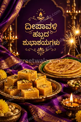 Premium Diwali showcase card glowing with golden diyas, rich maroon tones, elegant Kannada festive warmth and joy.