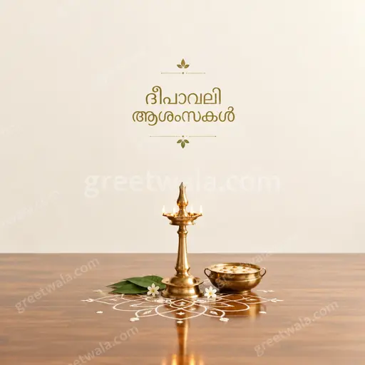 Elegant minimal Diwali card glowing with warm diyas, soft gold tones, featuring ദീപാവലി ആശംസകൾ in graceful Malayalam script.