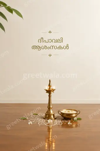 Elegant minimal Diwali card displaying ദീപാവലി ആശംസകൾ with glowing diyas and golden accents on serene dark background.
