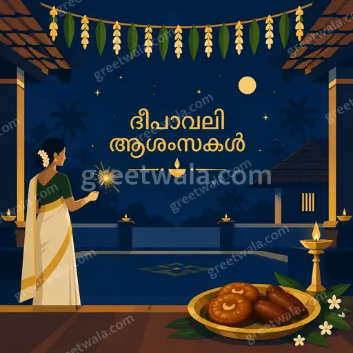 Cheerful modern flat-vector Diwali card with glowing diyas, marigolds, and 'ദീപാവലി ആശംസകൾ' in elegant Malayalam lettering.
