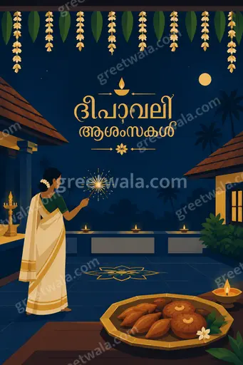 Modern flat vector Diwali card displaying 'ദീപാവലി ആശംസകൾ' amid glowing diyas in warm festive elegance.