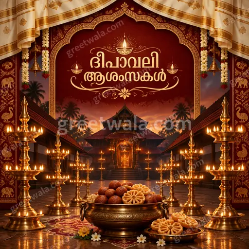 Ornate traditional Diwali card displaying 'ദീപാവലി ആശംസകൾ' amid glowing diyas, marigolds, gold patterns, radiating warm festive joy.