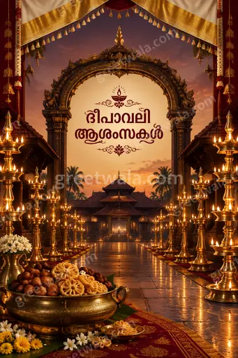 Ornate traditional Diwali card glowing with diyas and gold patterns, warmly displaying ദീപാവലി ആശംസകൾ in festive elegance.