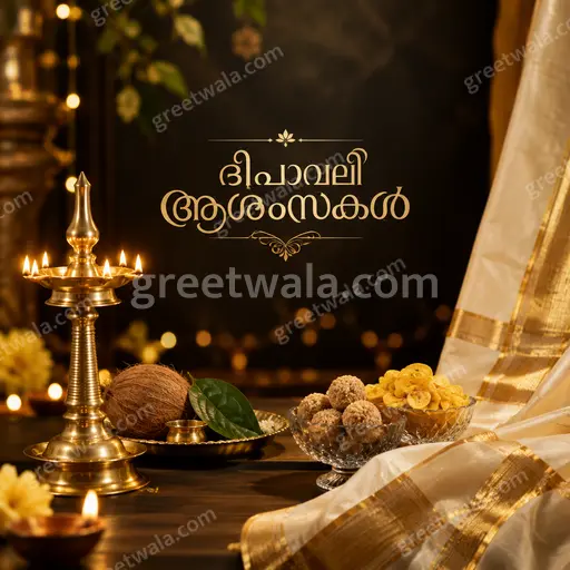 Luxurious golden diyas glowing amid maroon silk patterns radiate festive warmth wishing ദീപാവലി ആശംസകൾ elegantly.