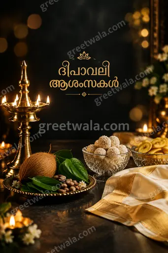 Premium Diwali showcase card glowing with golden diyas and festive warmth, displaying ദീപാവലി ആശംസകൾ in elegant Malayalam lettering.
