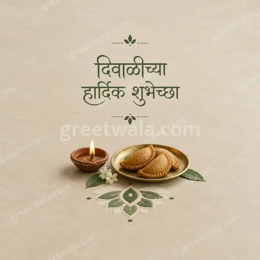 Elegant minimal Diwali card with glowing diyas and golden accents conveying दिवाळीच्या हार्दिक शुभेच्छा warmly.