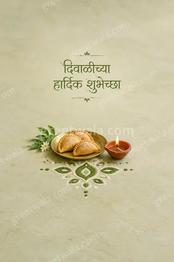 Elegant minimal Marathi Diwali card displaying 'दिवाळीच्या हार्दिक शुभेच्छा' with glowing diyas in serene golden tones.