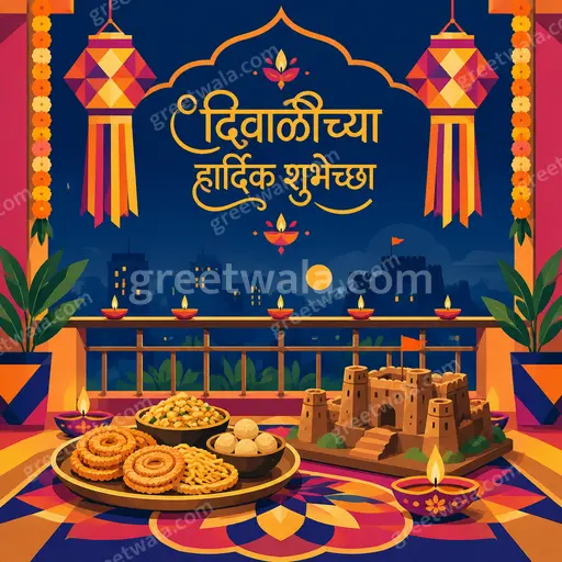 Modern flat vector Diwali card displaying 'दिवाळीच्या हार्दिक शुभेच्छा' with glowing diyas, marigolds, joyful elegant festive warmth.