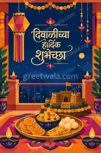 Modern flat vector Diwali card with glowing diyas and marigolds displaying “दिवाळीच्या हार्दिक शुभेच्छा” in warm festive elegance.