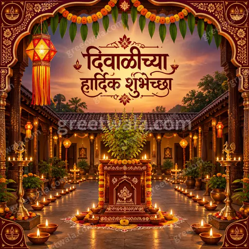Ornate traditional Diwali card glowing with diyas, gold flourishes and festive warmth displaying दिवाळीच्या हार्दिक शुभेच्छा elegantly.