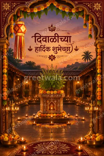 Ornate traditional Marathi Diwali card displaying 'दिवाळीच्या हार्दिक शुभेच्छा' amid glowing diyas and golden festive motifs.