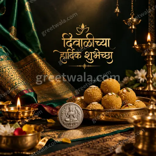 Premium Diwali showcase card glowing with golden diyas, rich maroon tones and elegant festive warmth in Marathi style.