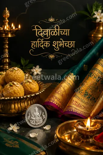 Premium Diwali showcase card displaying दिवाळीच्या हार्दिक शुभेच्छा with glowing diyas, marigolds, and elegant golden festive radiance.