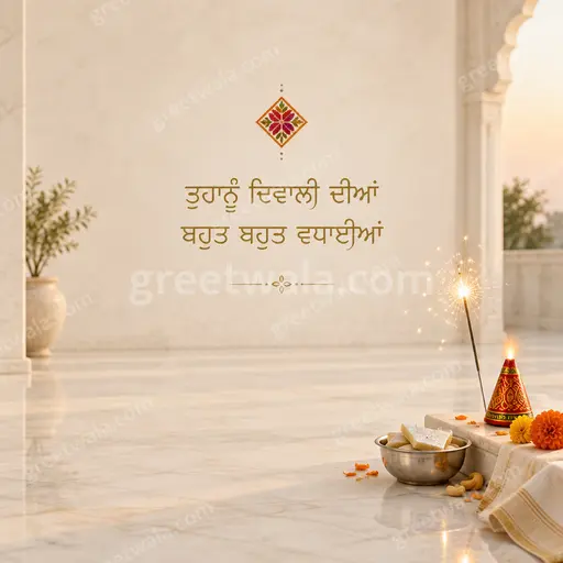 Elegant minimal Diwali card featuring Punjabi greeting amid glowing diyas, golden accents, calm festive warmth and graceful serenity.
