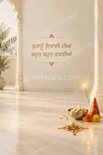 Elegant minimal Diwali card with warm golden diyas glowing softly, featuring Punjabi greeting in graceful festive typography.