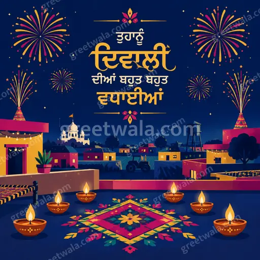 Flat vector modern Diwali card in warm golds with diyas and rangoli, radiating joyful festive Punjabi celebration spirit.