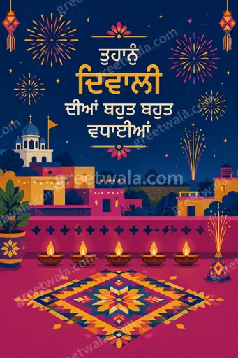 Festive flat vector Diwali card glowing with diyas and fireworks, sharing warm Punjabi wishes in joyful modern style.