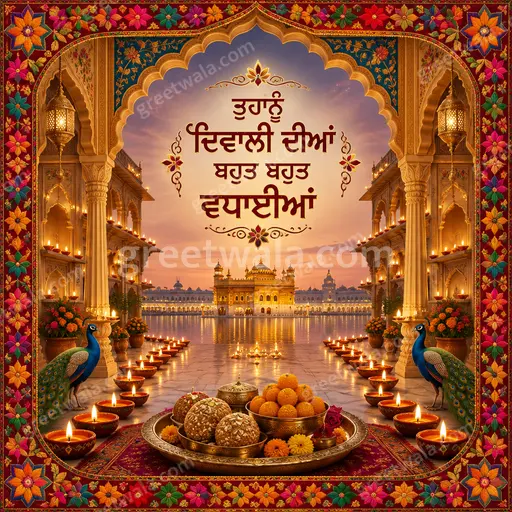 Ornate traditional Diwali card glowing with golden diyas, marigolds and fireworks, warmly conveying Punjabi festive blessings and joy.