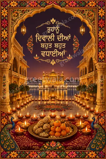 Ornate traditional Diwali card featuring Punjabi greeting with glowing diyas, marigolds, and golden festive elegance.