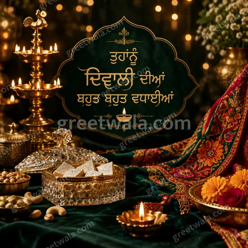 Premium Punjabi Diwali showcase card glowing with golden diyas, elegant festive warmth, radiant joy and timeless celebration.