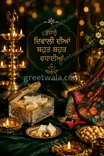 Premium Diwali showcase card in Punjabi radiating warm golden light, diyas, festive elegance and joyful blessings.