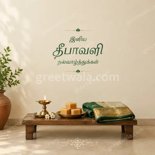 Elegant minimal Diwali card glowing with golden diyas, warm festive serenity, showcasing Tamil greeting in refined timeless style.