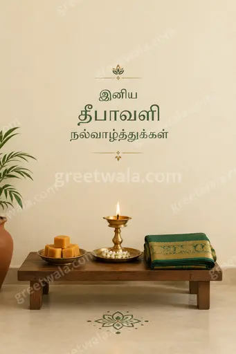 Elegant minimal Diwali card glowing with diyas, gold accents and serene warmth, featuring Tamil greeting 'இனிய தீபாவளி நல்வாழ்த்துக்கள்' beautifully.