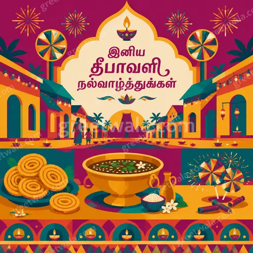 Vibrant modern flat vector Diwali card glowing with diyas and fireworks, warmly displaying Tamil greeting in festive elegance.