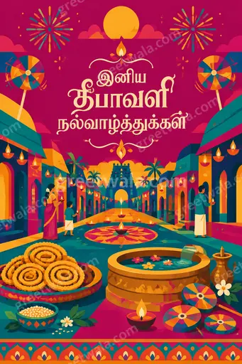 Modern flat vector Diwali card featuring Tamil greeting with glowing diyas, fireworks and warm joyful festive charm.