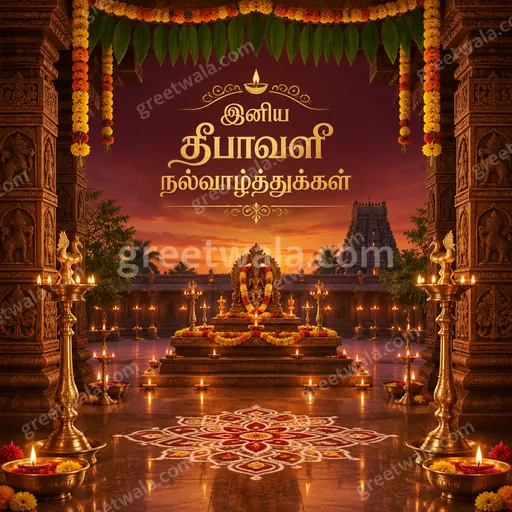 Ornate traditional Tamil Diwali card with glowing diyas, marigolds and gold patterns radiating warm festive joy.
