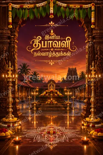 Ornate traditional Diwali card glowing with diyas and gold motifs, warmly displaying இனிய தீபாவளி நல்வாழ்த்துக்கள் in elegant Tamil script.
