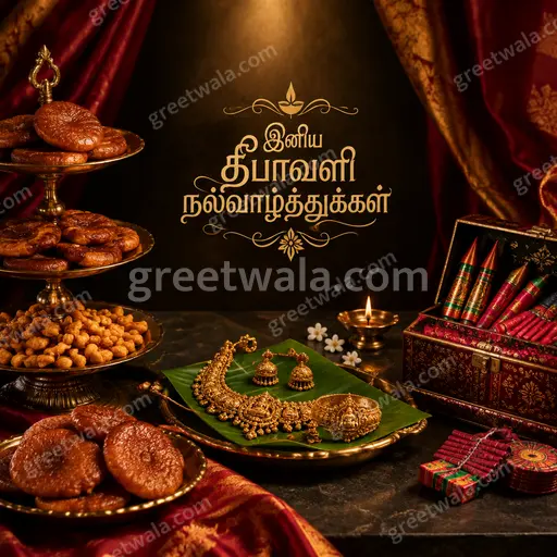 Premium Diwali showcase card with radiant diyas and luxurious gold accents featuring "இனிய தீபாவளி நல்வாழ்த்துக்கள்" warmly.