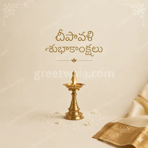 Elegant minimal Diwali card glowing with golden diyas on deep navy, displaying దీపావళి శుభాకాంక్షలు in refined serene style.