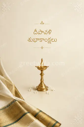 Elegant minimal Diwali card with glowing diyas on deep maroon background displaying దీపావళి శుభాకాంక్షలు in warm golden serenity.