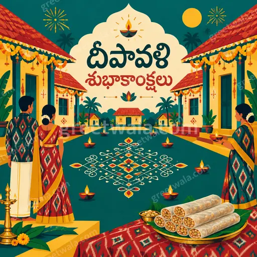 Modern flat vector Diwali card glowing with festive diyas, vibrant colors, joyful warmth, featuring Telugu greeting దీపావళి శుభాకాంక్షలు elegantly.