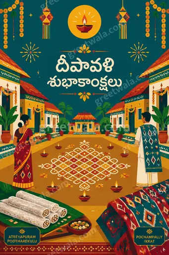 Modern flat vector Diwali card glowing with festive diyas, vibrant colors, joyful warmth, featuring Telugu greeting దీపావళి శుభాకాంక్షలు elegantly.
