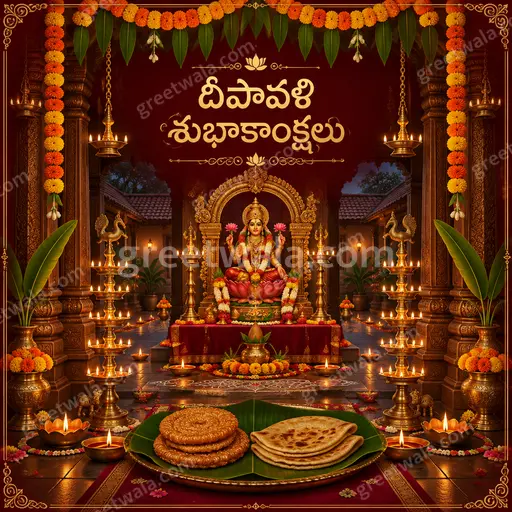 Ornate traditional Diwali card glowing with diyas, gold motifs, festive warmth, displaying Telugu greeting దీపావళి శుభాకాంక్షలు elegantly.