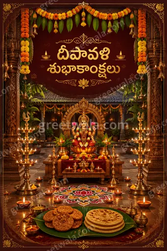 Ornate traditional Diwali card glowing with diyas, marigolds and gold patterns, warmly displaying దీపావళి శుభాకాంక్షలు in festive elegance.
